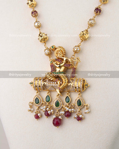 Premium Lord Krishna Pendant Necklace with Ruby Beads