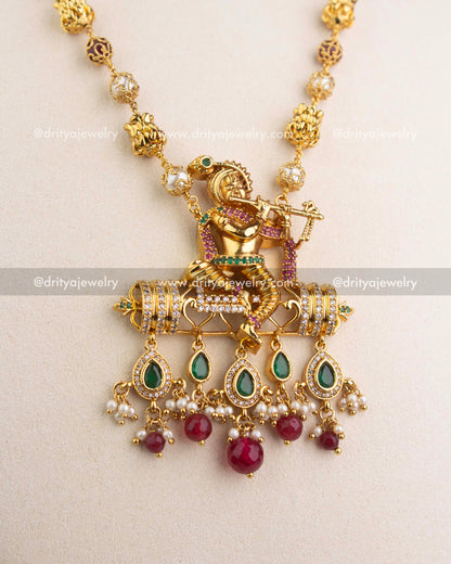 Premium Lord Krishna Pendant Necklace with Ruby Beads