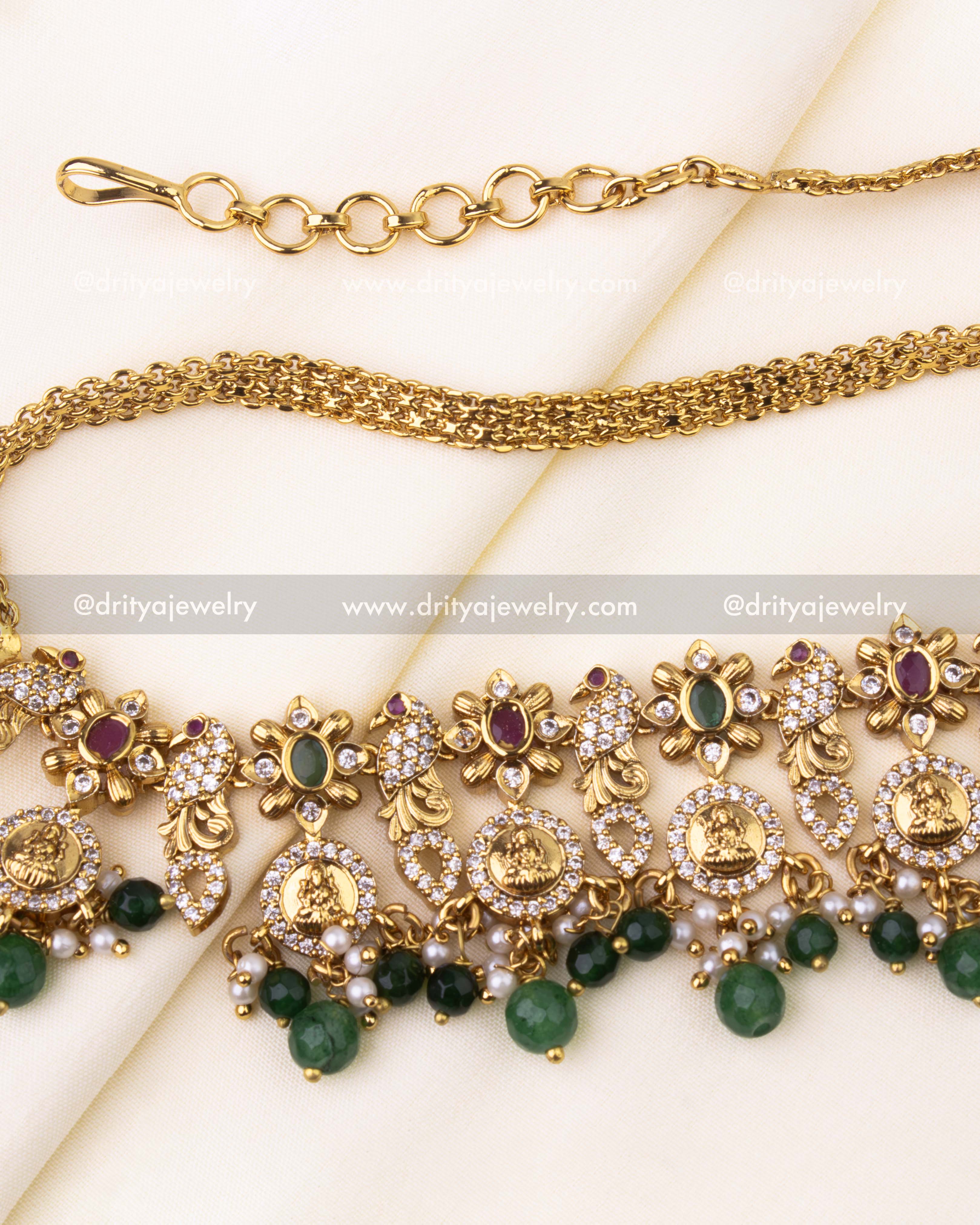 Temple jewelry hip chain with green beads, pearl clusters, and antique gold finish.