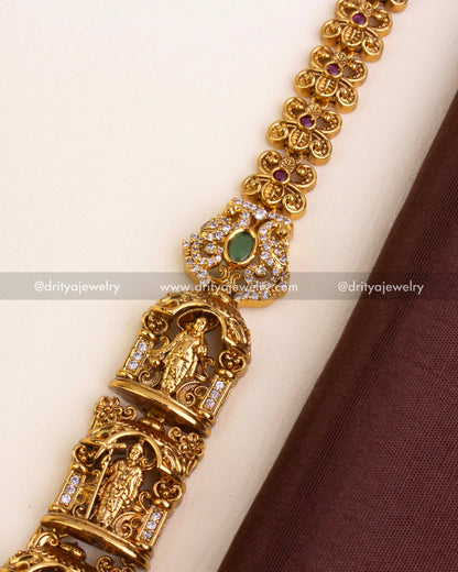 Krishna and Lakshmi figure detailing on Nakshi long necklace links with CZ stones