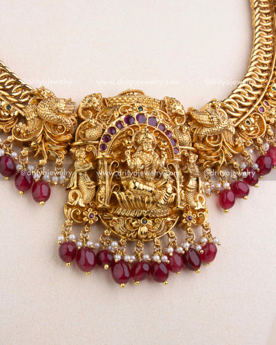 Temple Pendant with Elephant and Lakshmi Motifs and Bead Drops
