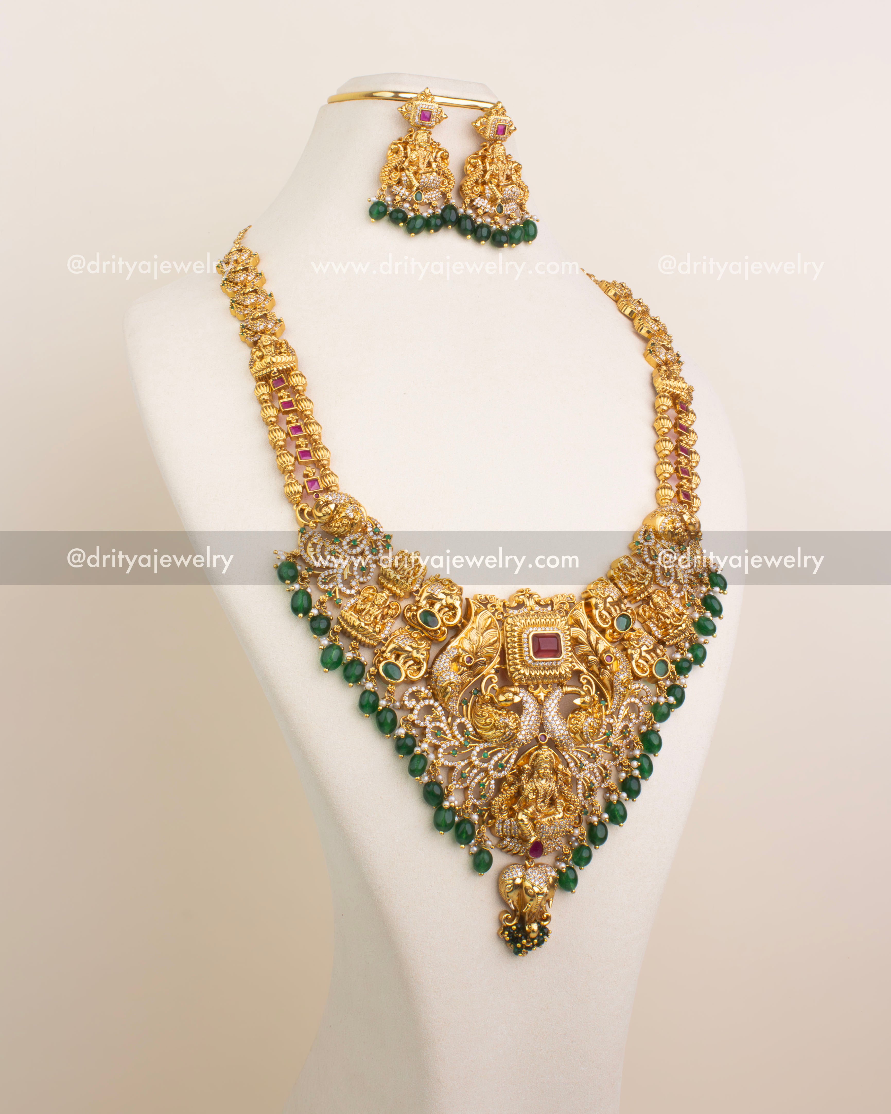 Alternate view of the full set highlighting craftsmanship and pendant symmetry.