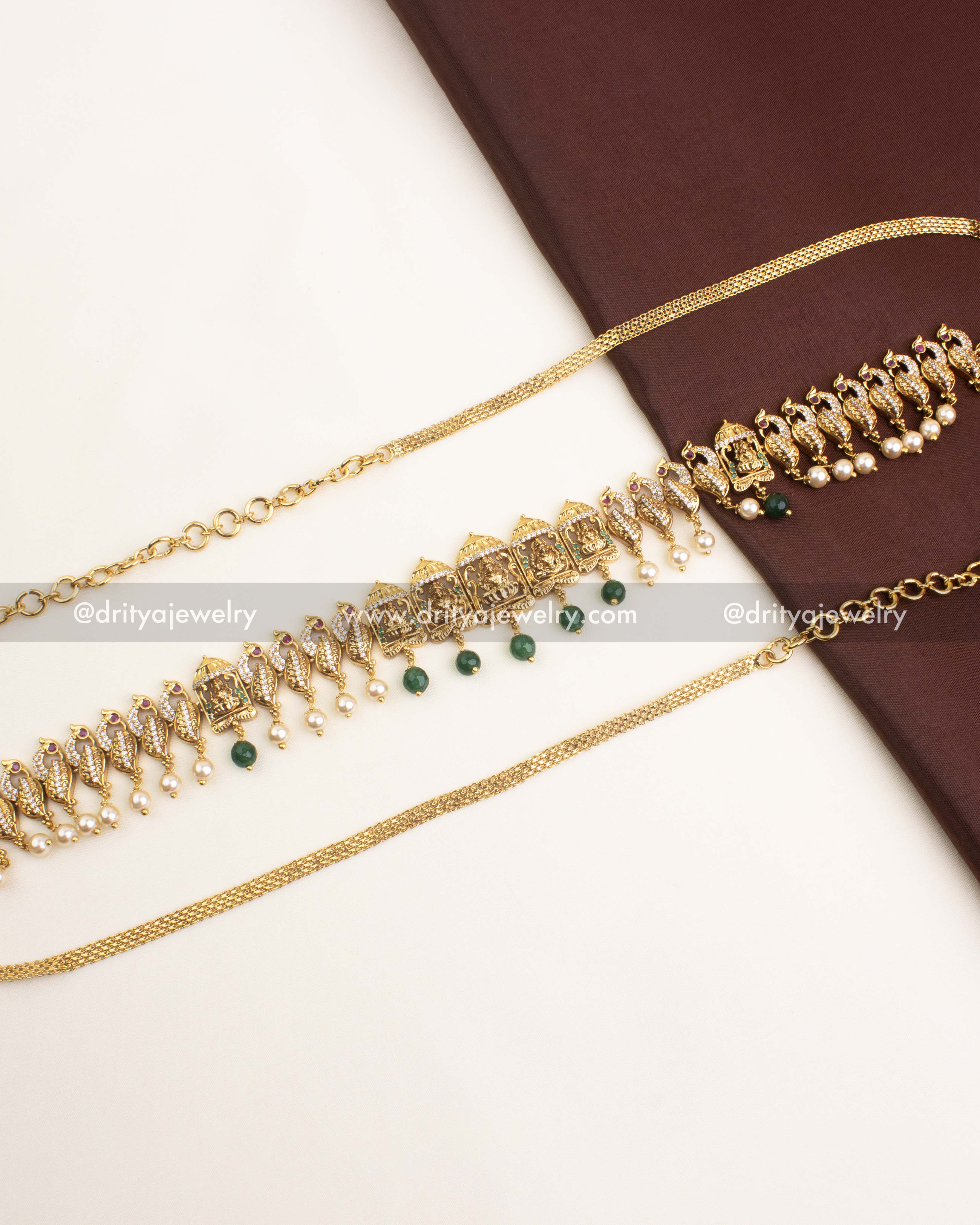 Premium Nakshi Hip Chain in Emerald Green with temple motifs and pearl hangings