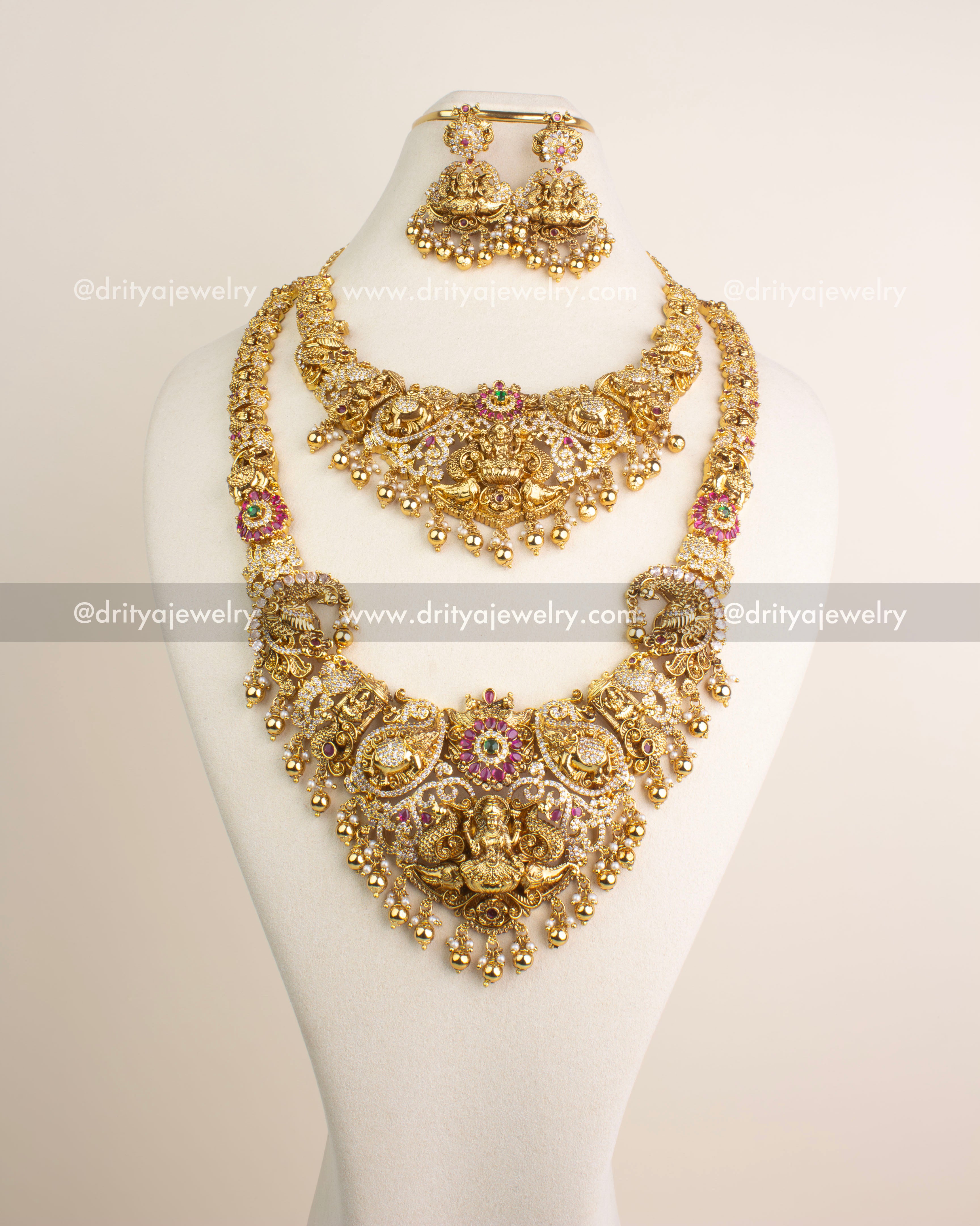 Traditional Nakshi combo set featuring long necklace, short necklace, and danglers with Lakshmi motifs and gold bead hangings.