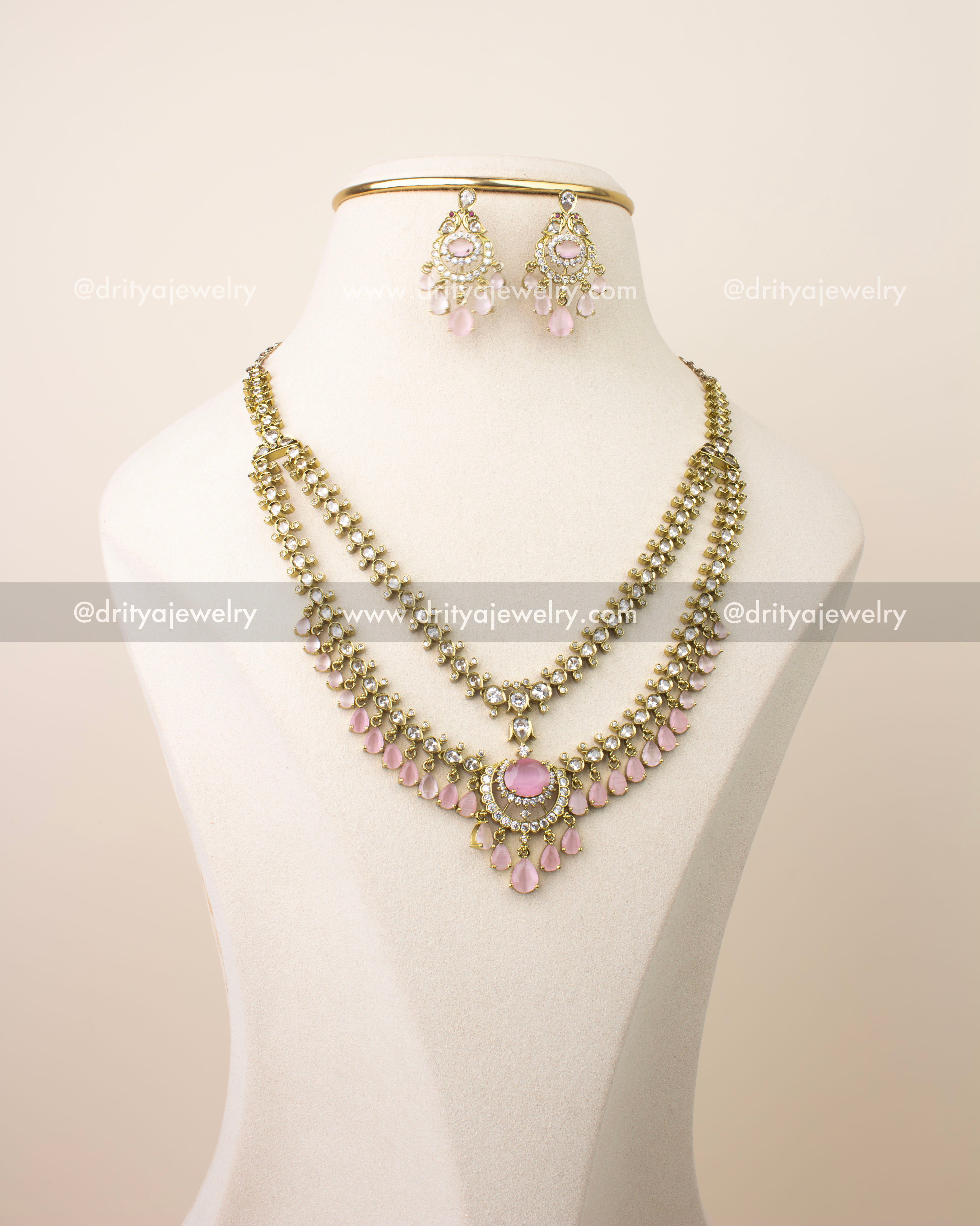Premium Victorian layered short necklace set with blush pink stones and gold finish