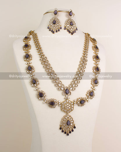 Premium Victorian layered bridal long necklace set with purple stones, antique gold polish, and matching danglers.