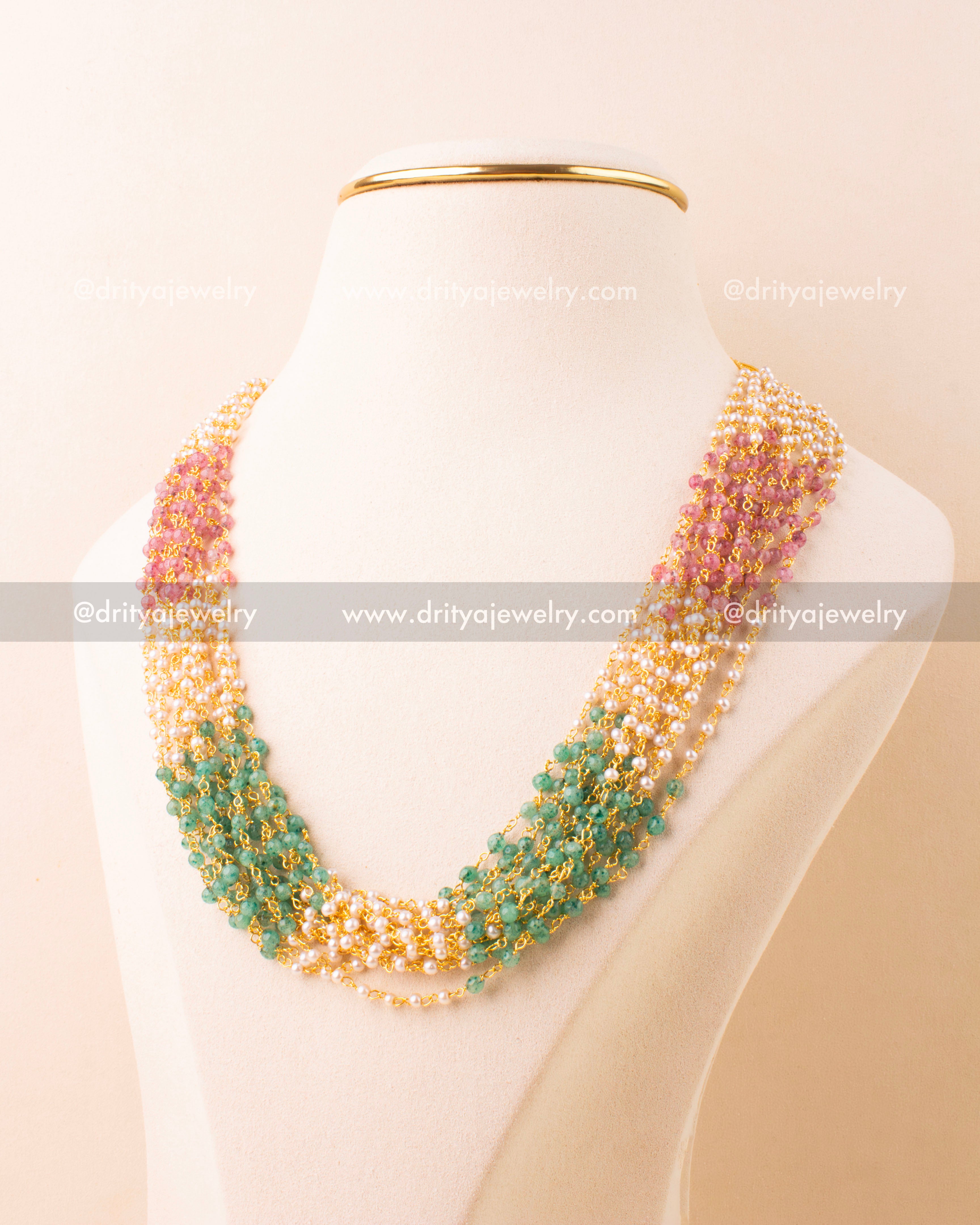 Premium handcrafted multi-beads necklace with green, pink, and pearl strands