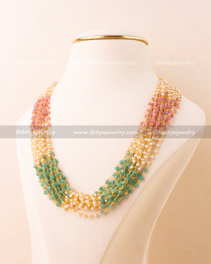 Premium handcrafted multi-beads necklace with green, pink, and pearl strands