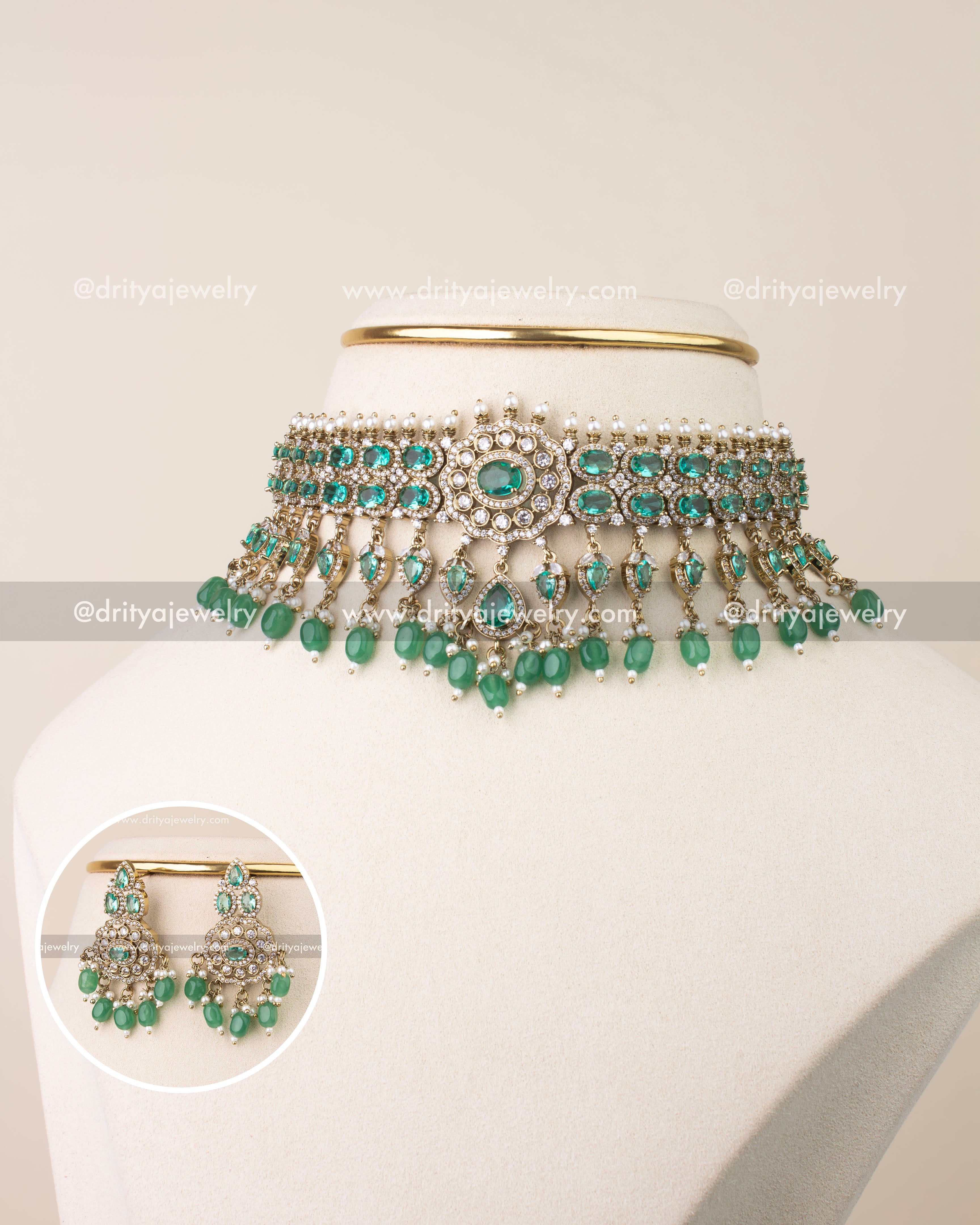 Victorian choker necklace set with Russian emerald stones, pearl detailing, and emerald bead drops