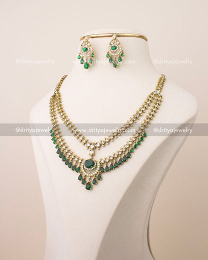 Victorian layered short necklace set with emerald green stones and gold finish