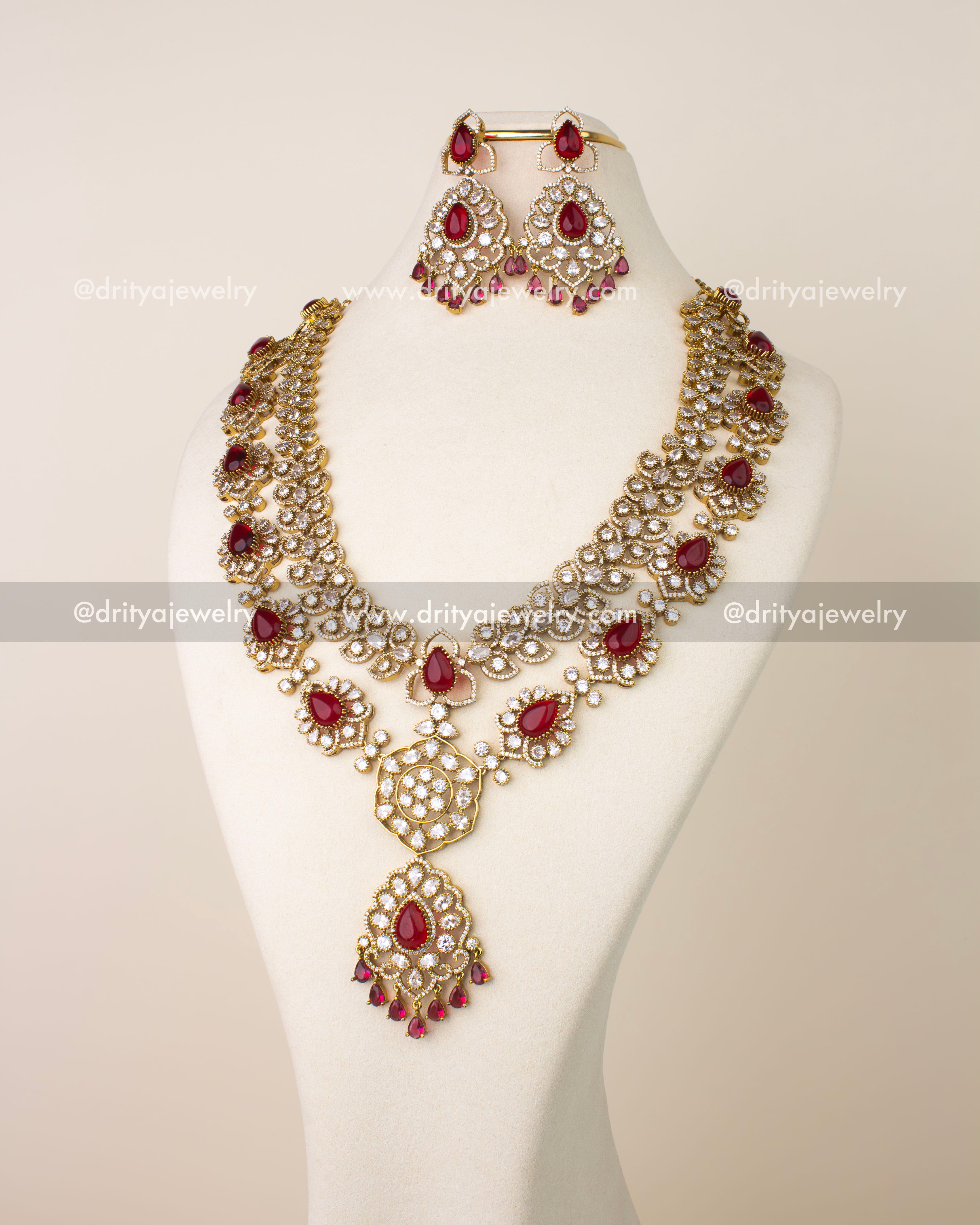Red Victorian layered necklace with cushion cut stones and CZ detailing