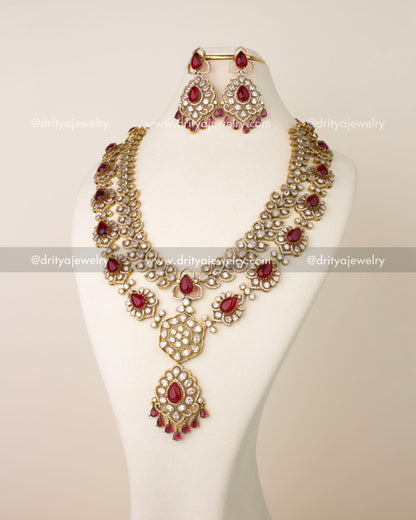 Red Victorian layered necklace with cushion cut stones and CZ detailing