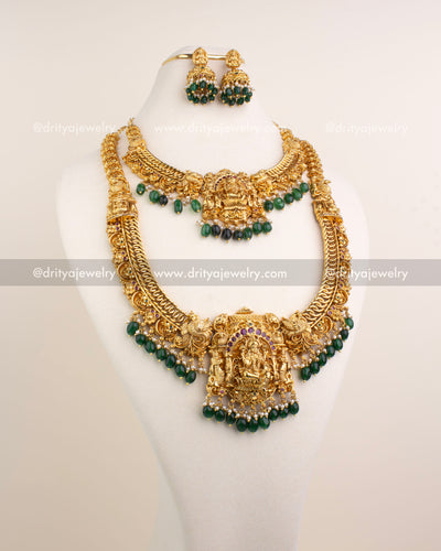 Premium Nakshi Bridal Set with Jalebi Chain and Emerald Green Beads – Full View