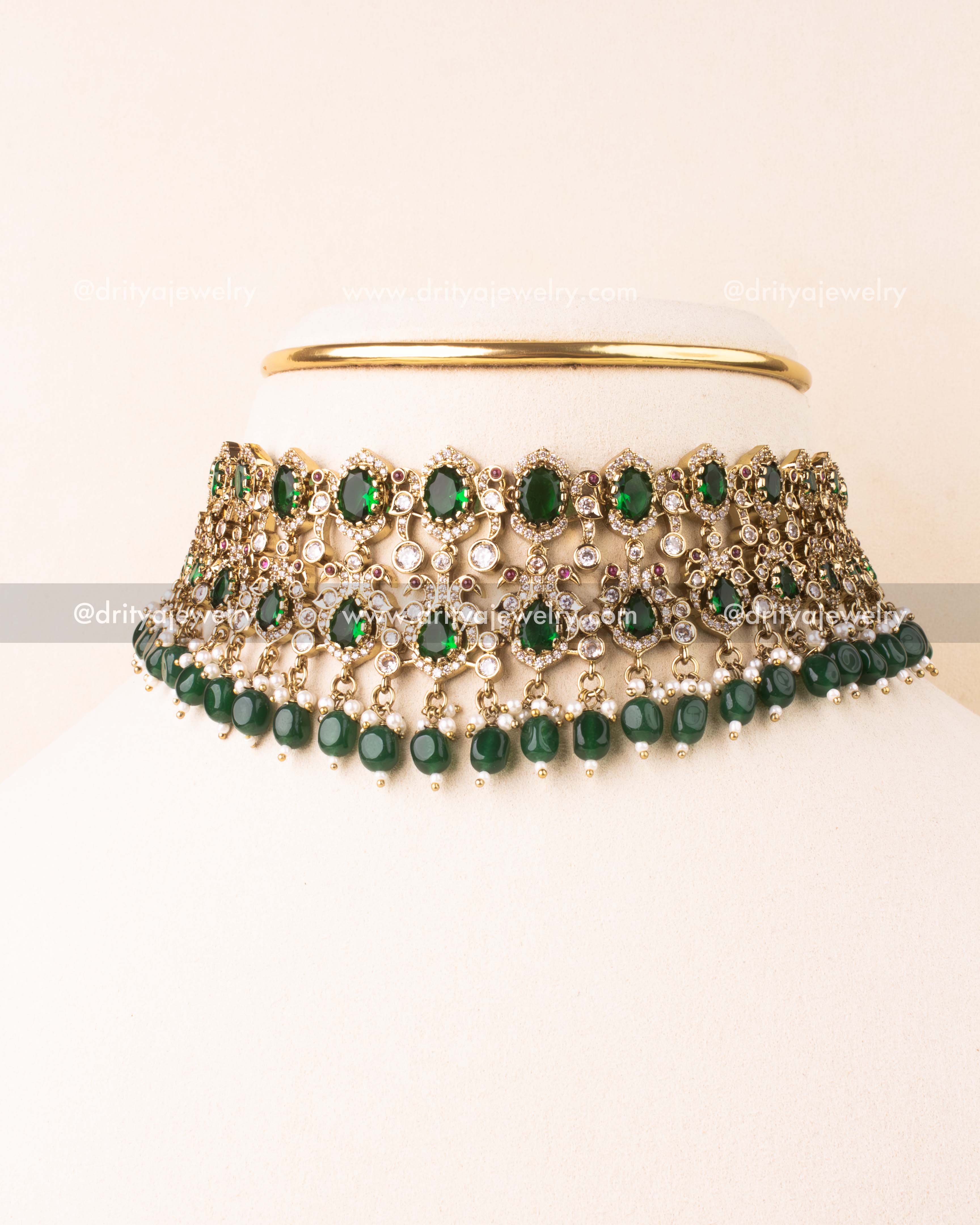 Premium Victorian Choker Set with Green Gemstone Drops