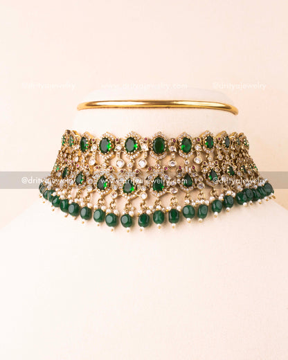 Premium Victorian Choker Set with Green Gemstone Drops