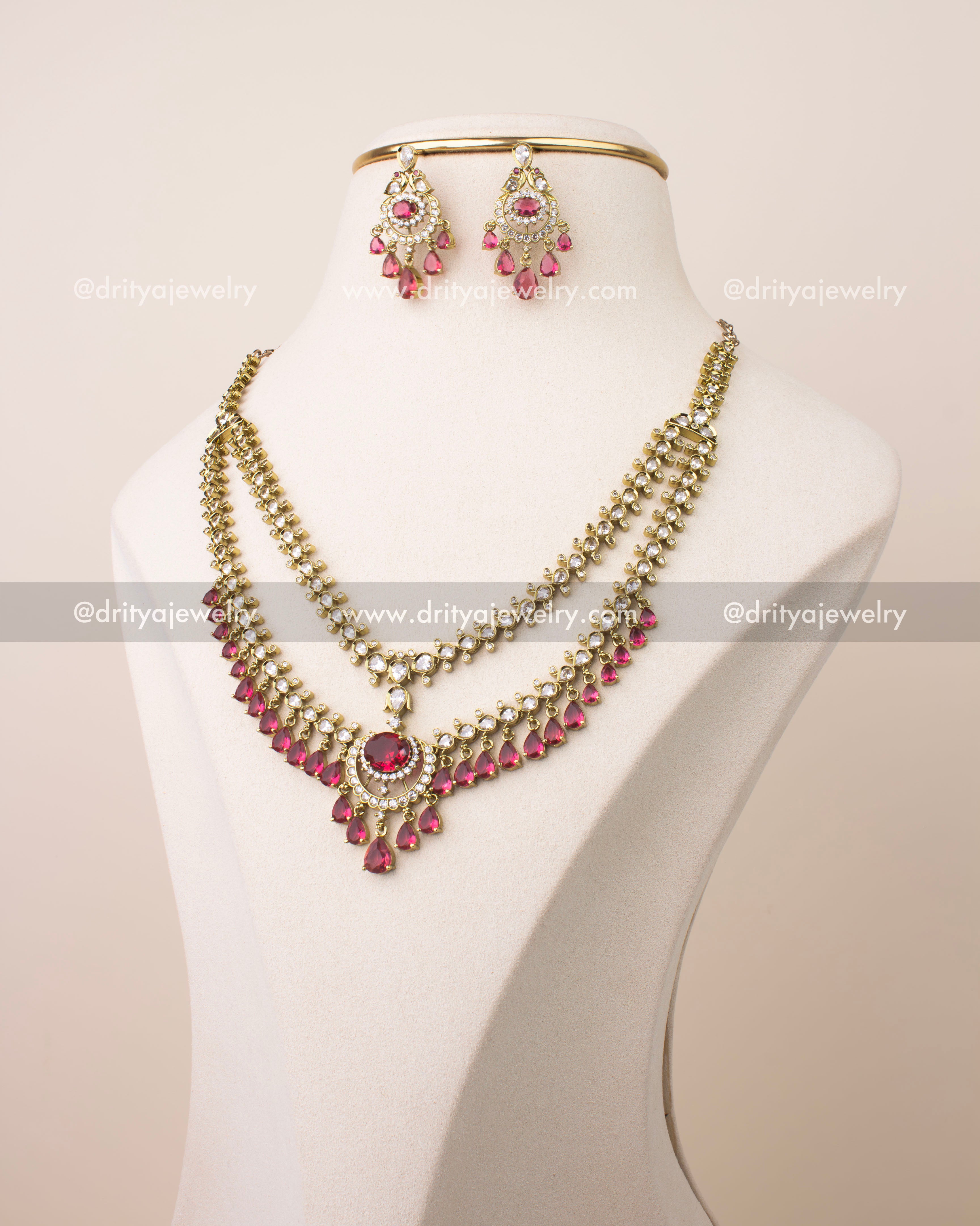 Victorian layered short necklace set with ruby red stones and gold finish
