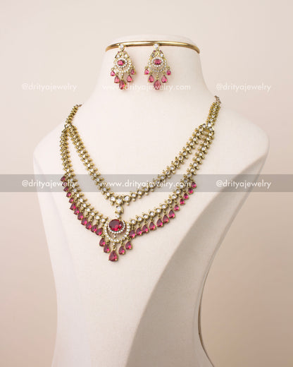 Victorian layered short necklace set with ruby red stones and gold finish