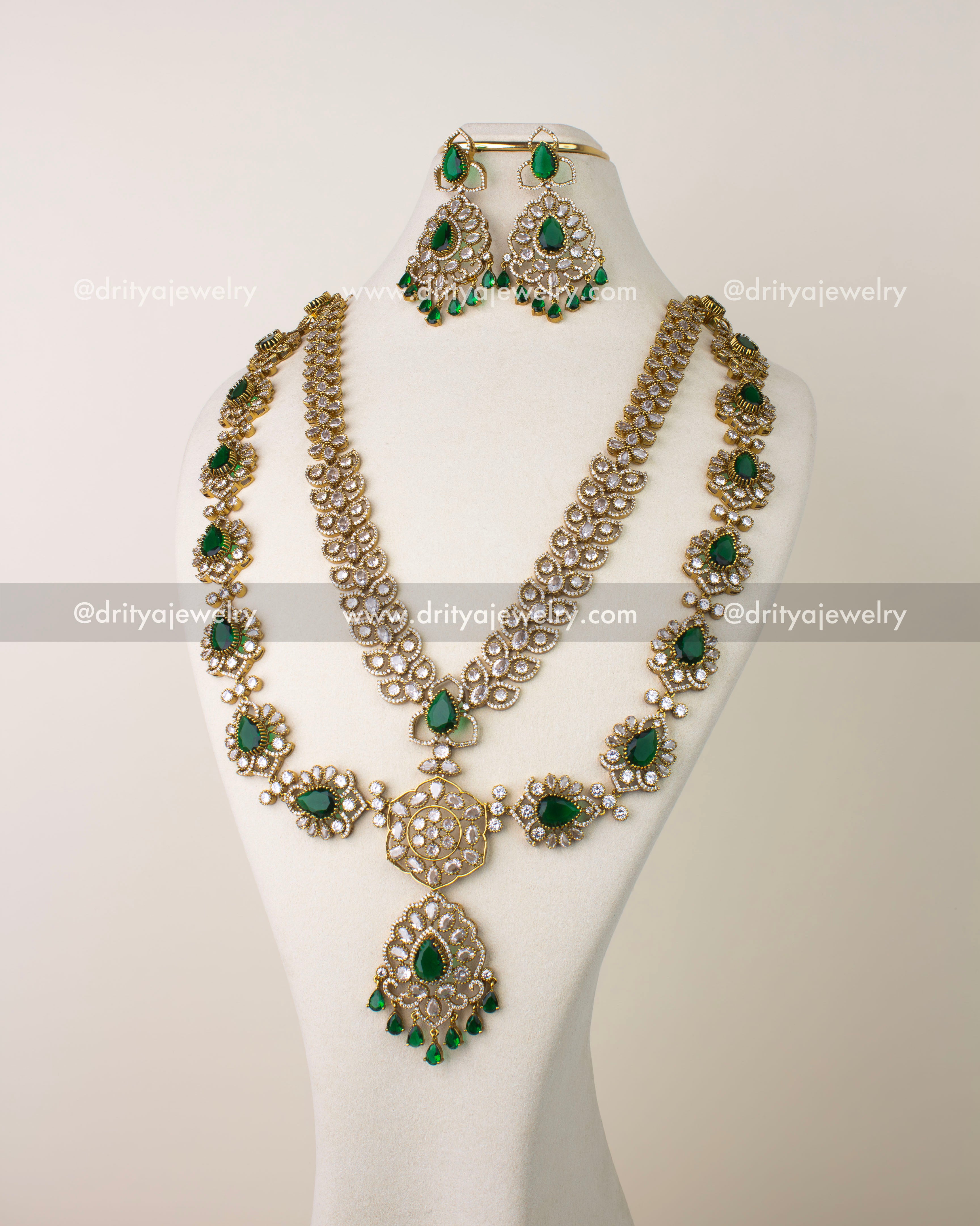 Victorian layered long necklace set with emerald green stones and antique gold finish