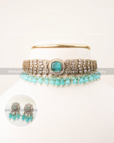 Premium Victorian Mint Choker Necklace Set with CZ stones