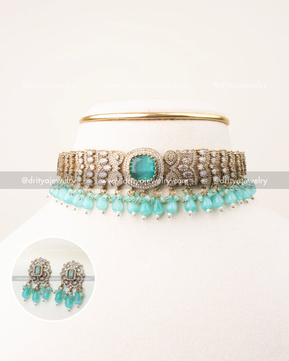 Premium Victorian Mint Choker Necklace Set with CZ stones