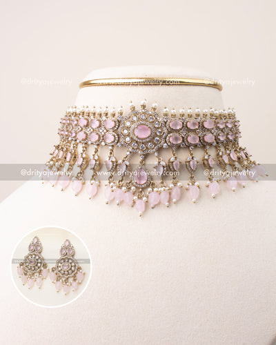 Premium Victorian choker set in blush pink stones with pearl drops and Victorian gold finish
