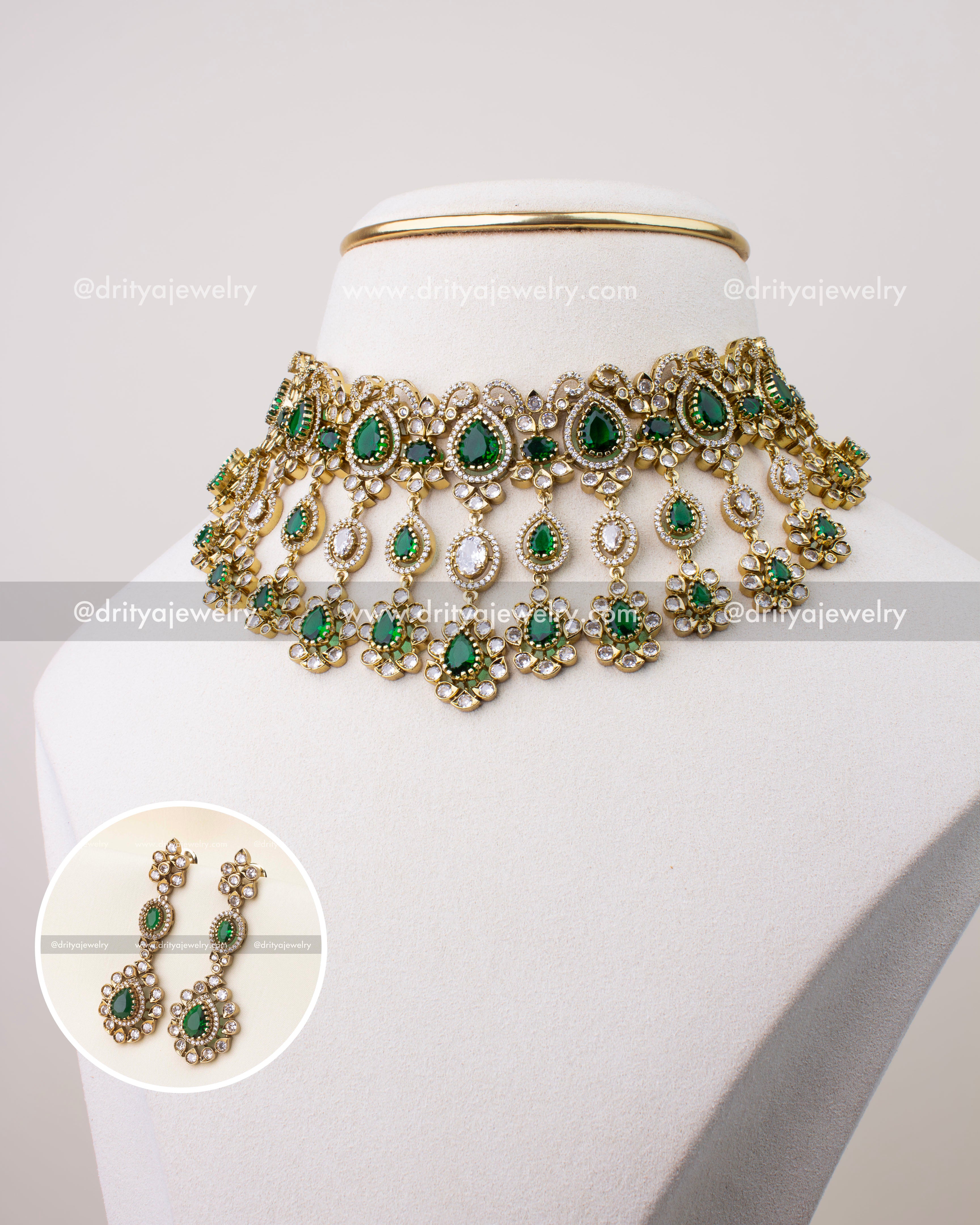 Premium Victorian choker necklace with emerald green teardrop stones and CZ detailing