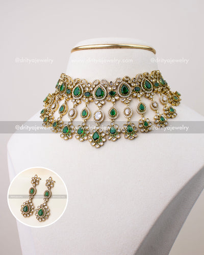 Premium Victorian choker necklace with emerald green teardrop stones and CZ detailing
