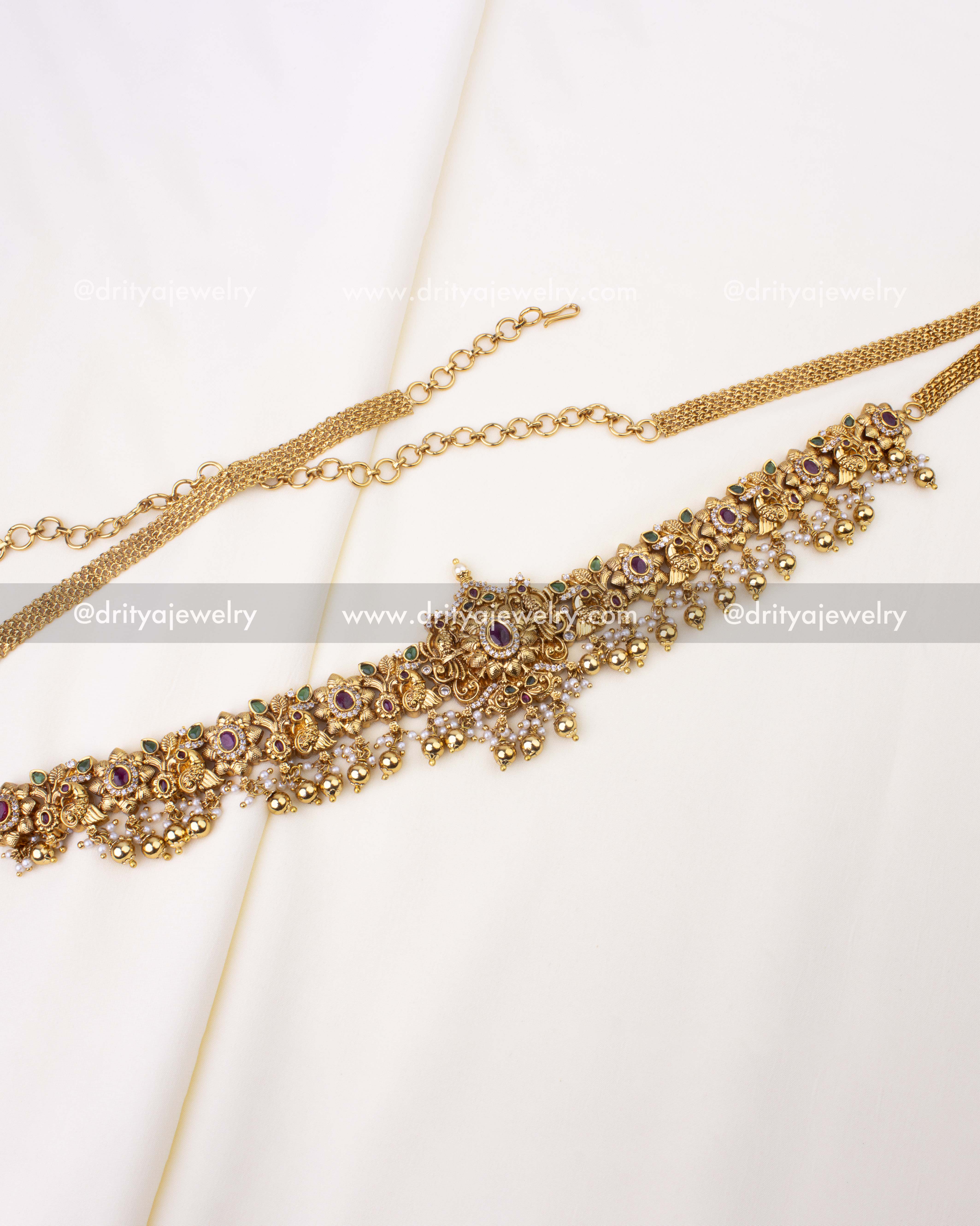 Premium Antique Nakshi Hip Chain with floral detailing and pearl drops