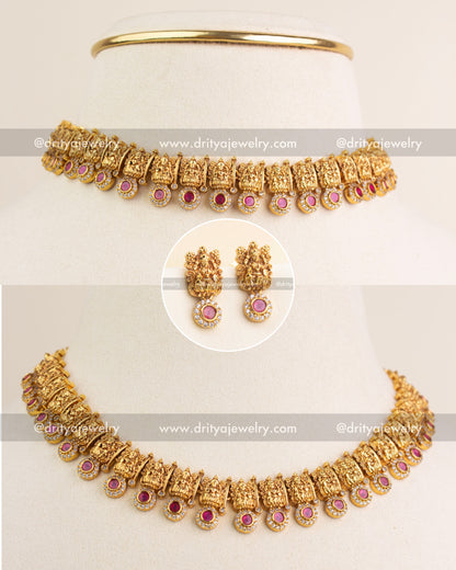 Traditional Temple Choker Necklace Set with Red Stones – Full Front View