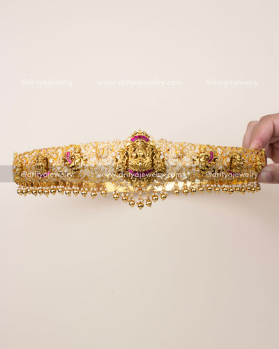 Premium kemp temple vadanam with Goddess Lakshmi Devi motif, nakshi detailing, and CZ stone work
