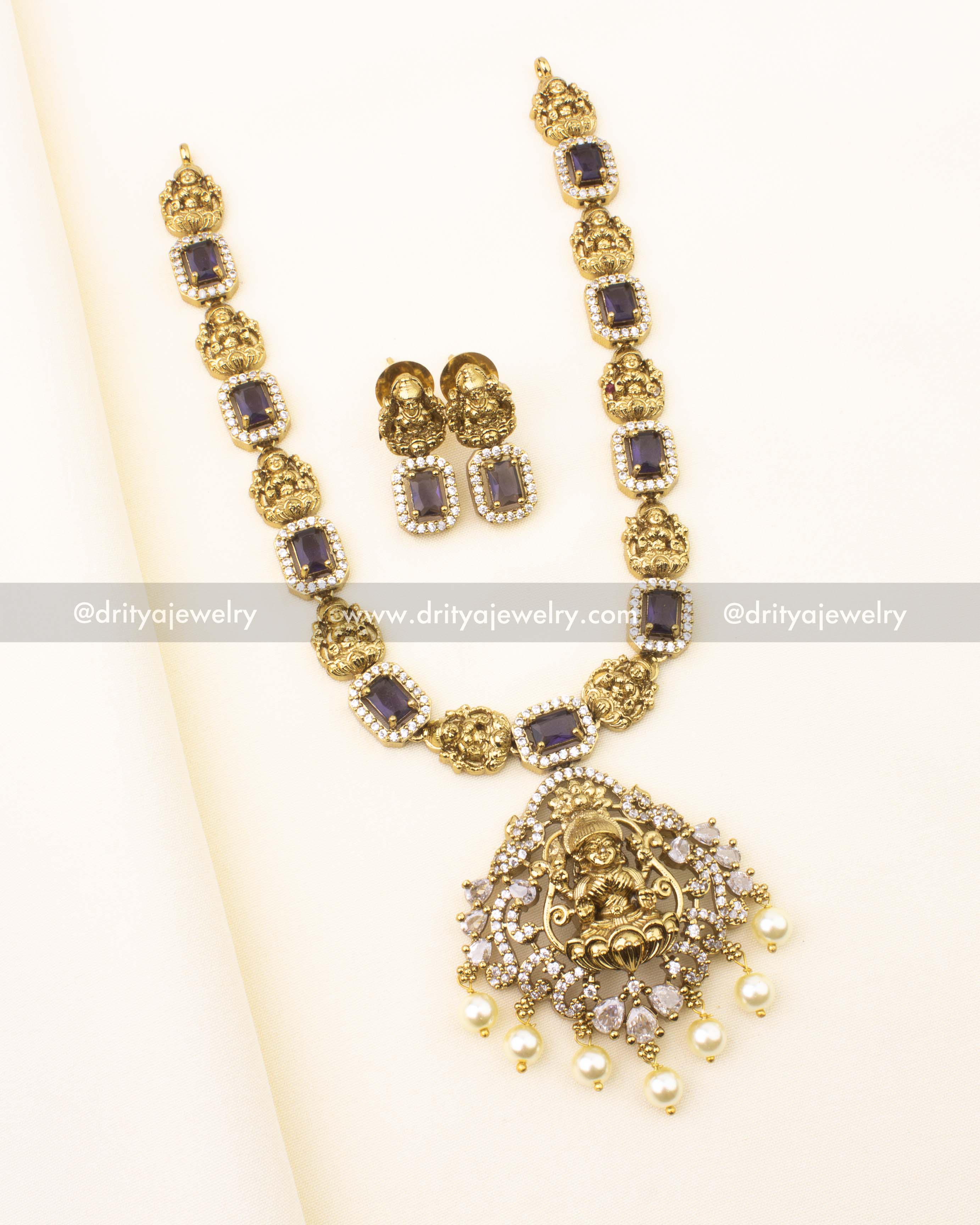 Antique short necklace set with purple stones and goddess Lakshmi pendant – front view