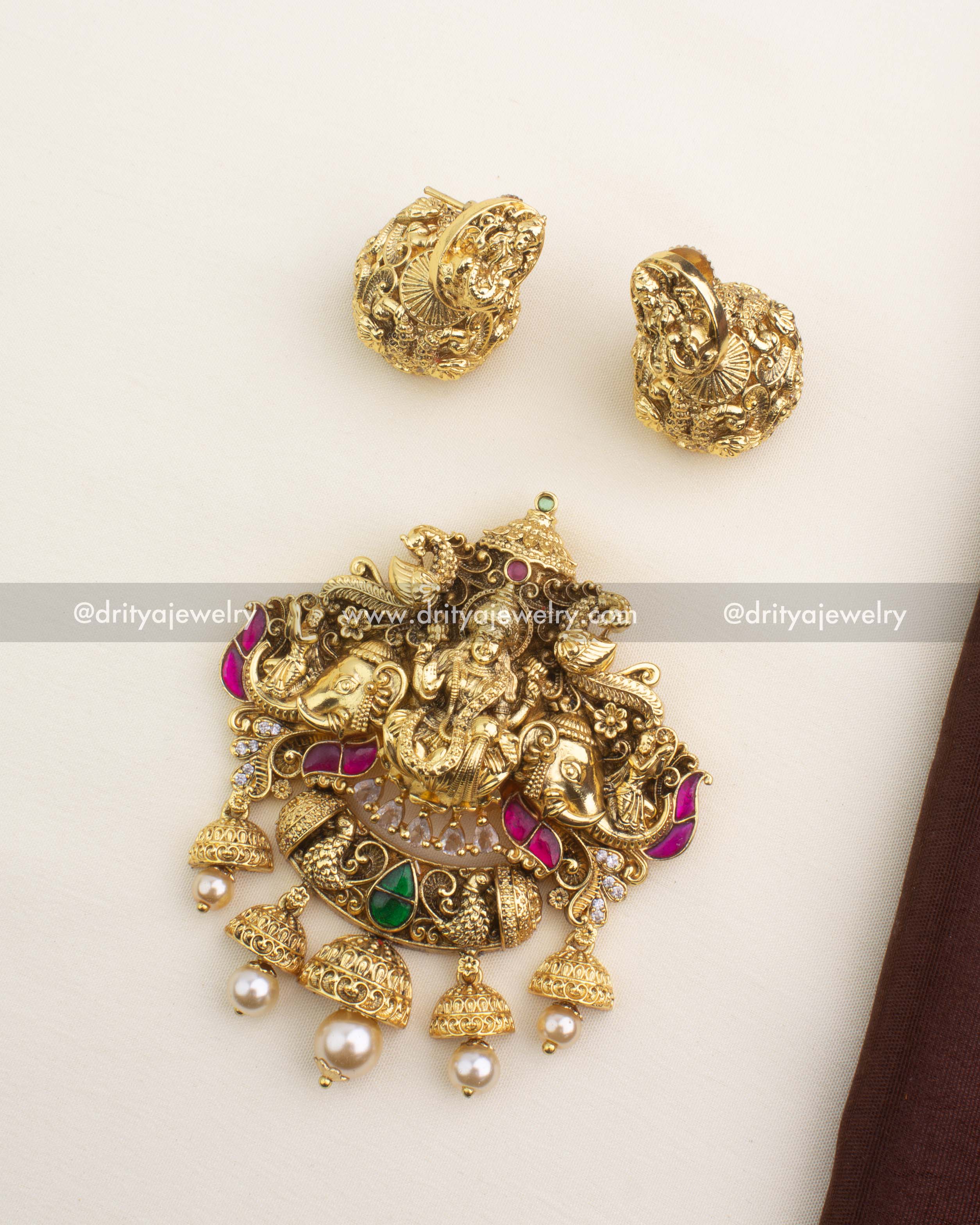 Premium Kemp Temple Pendant Set with D-hook and matching jhumkas – gold polish main view