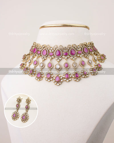 Premium Victorian choker necklace with ruby pink teardrop stones and CZ embellishments