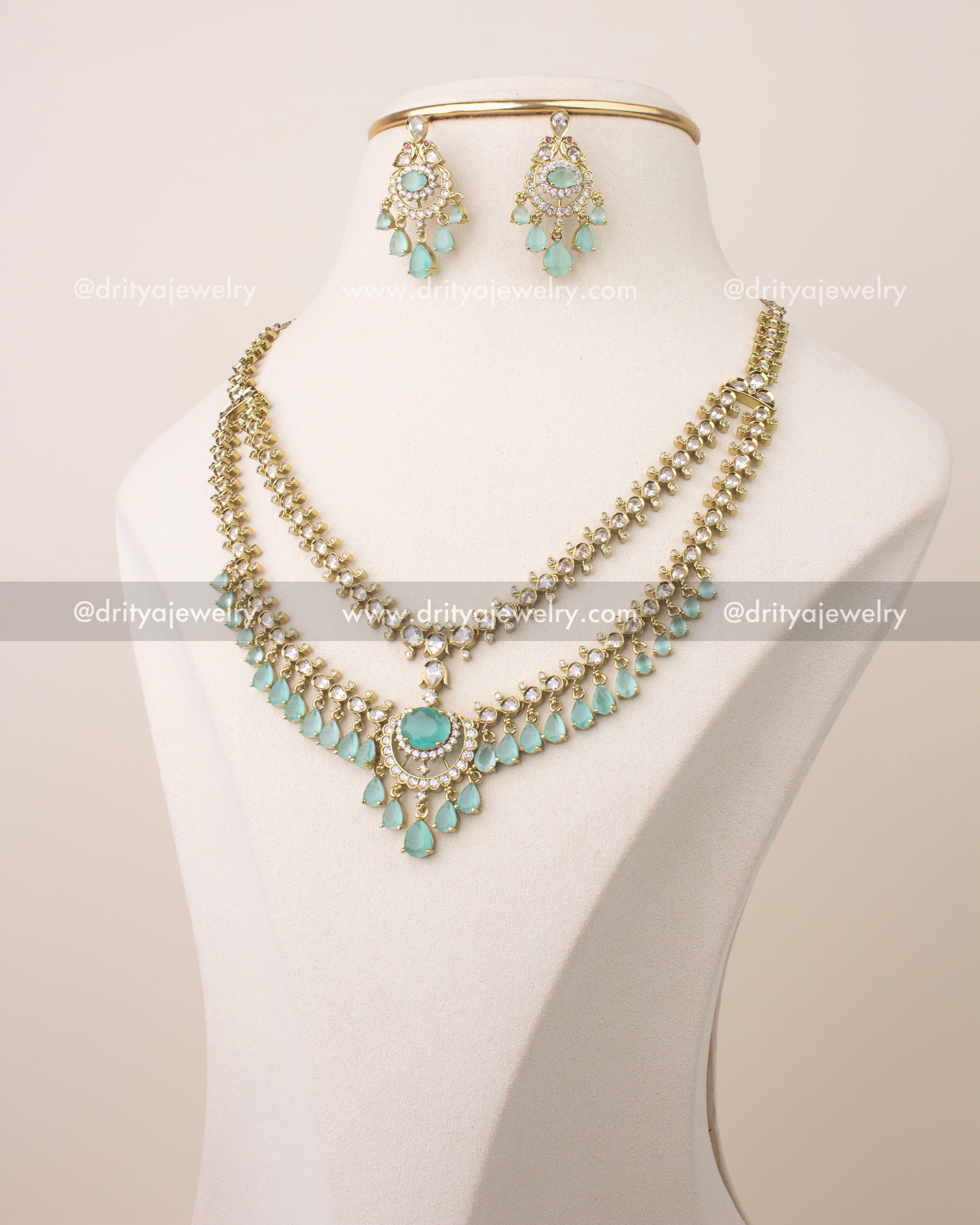 Premium Victorian layered necklace set with mint green stones and gold finish