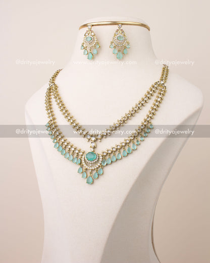 Premium Victorian layered necklace set with mint green stones and gold finish