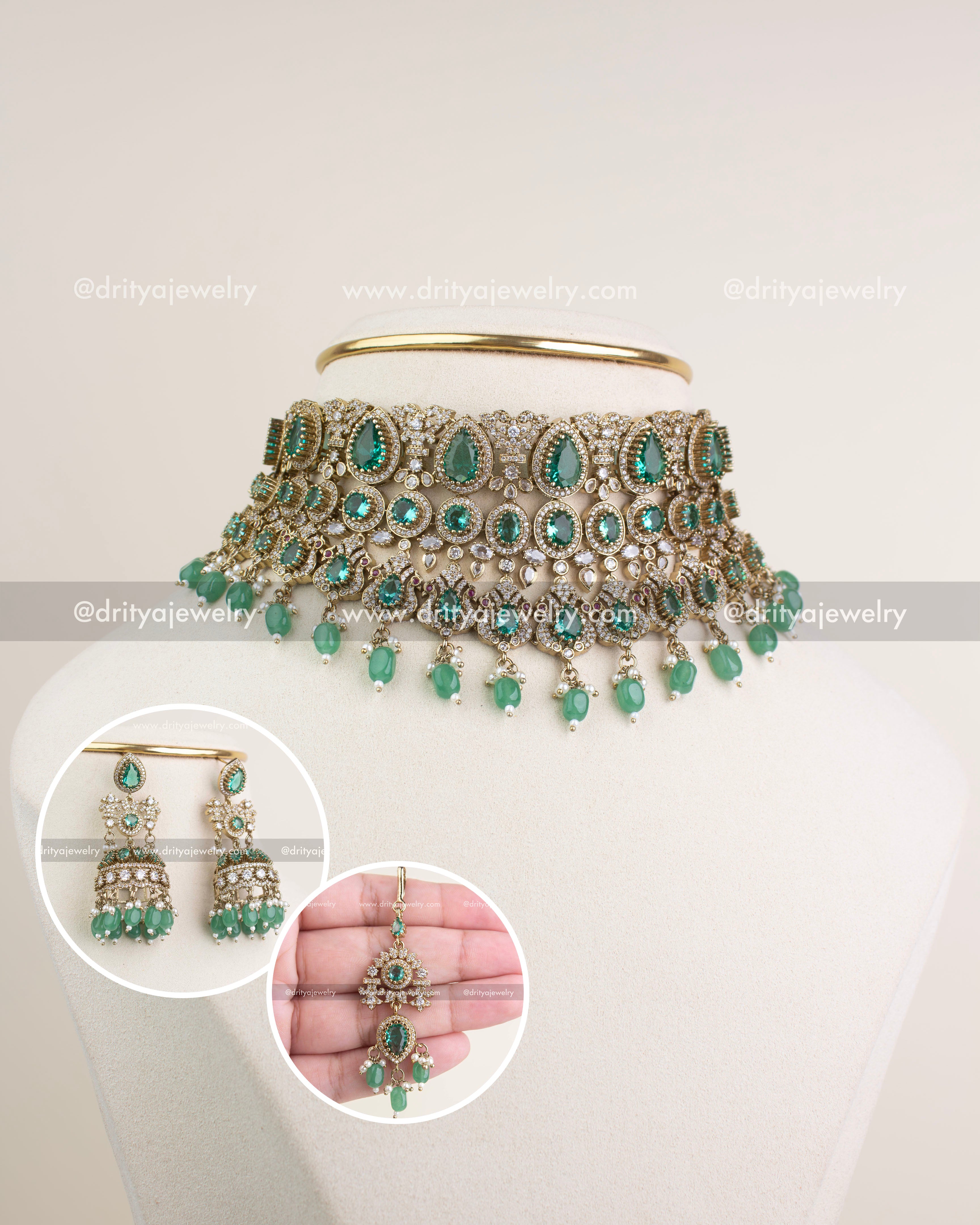 Premium Victorian bridal choker set in Russian emerald with multi-layer detailing, AD stones, and bead droplets.