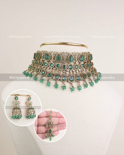 Premium Victorian bridal choker set in Russian emerald with multi-layer detailing, AD stones, and bead droplets.