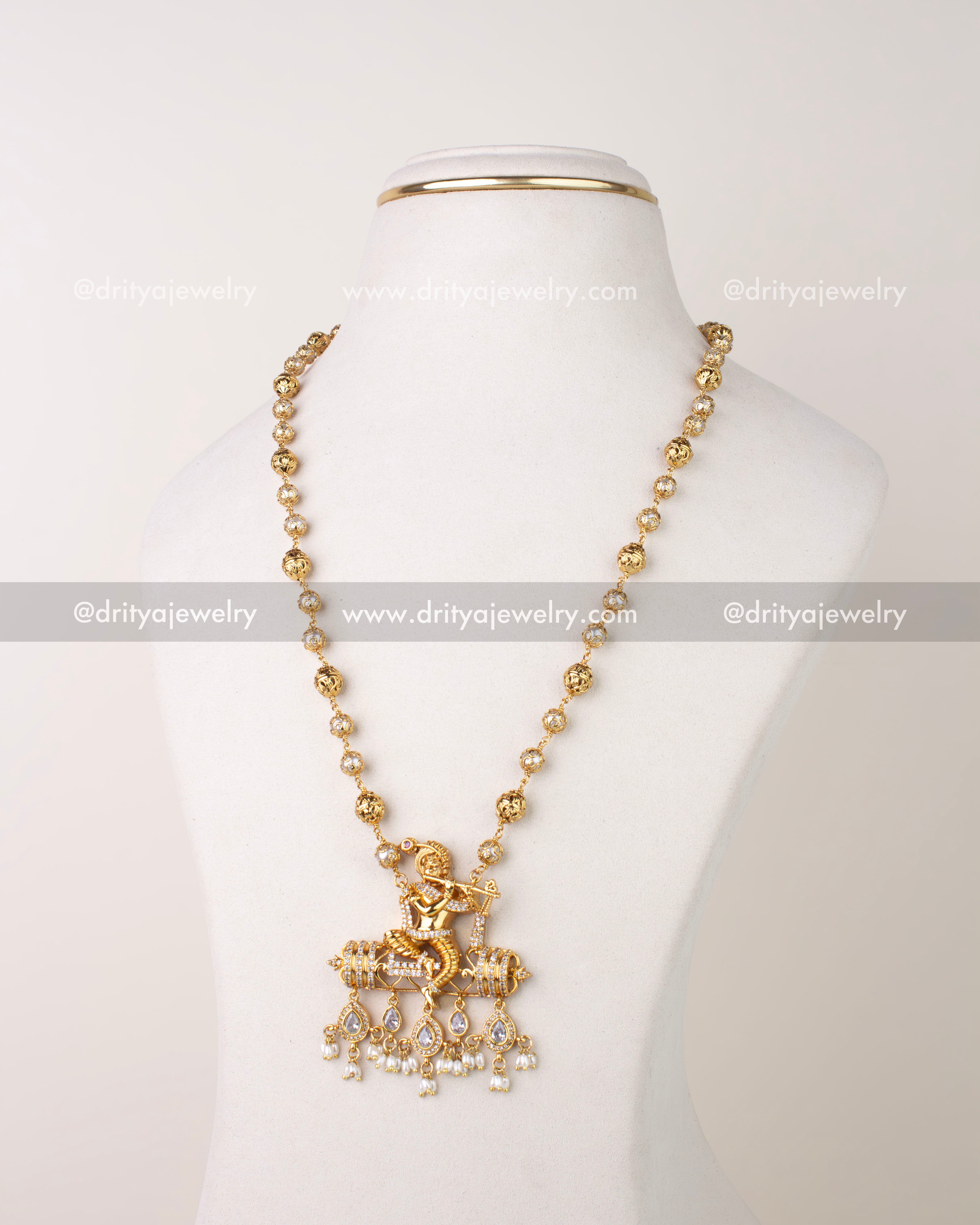 Premium Lord Krishna Pendant Necklace with CZ Accents and Pearl Drops