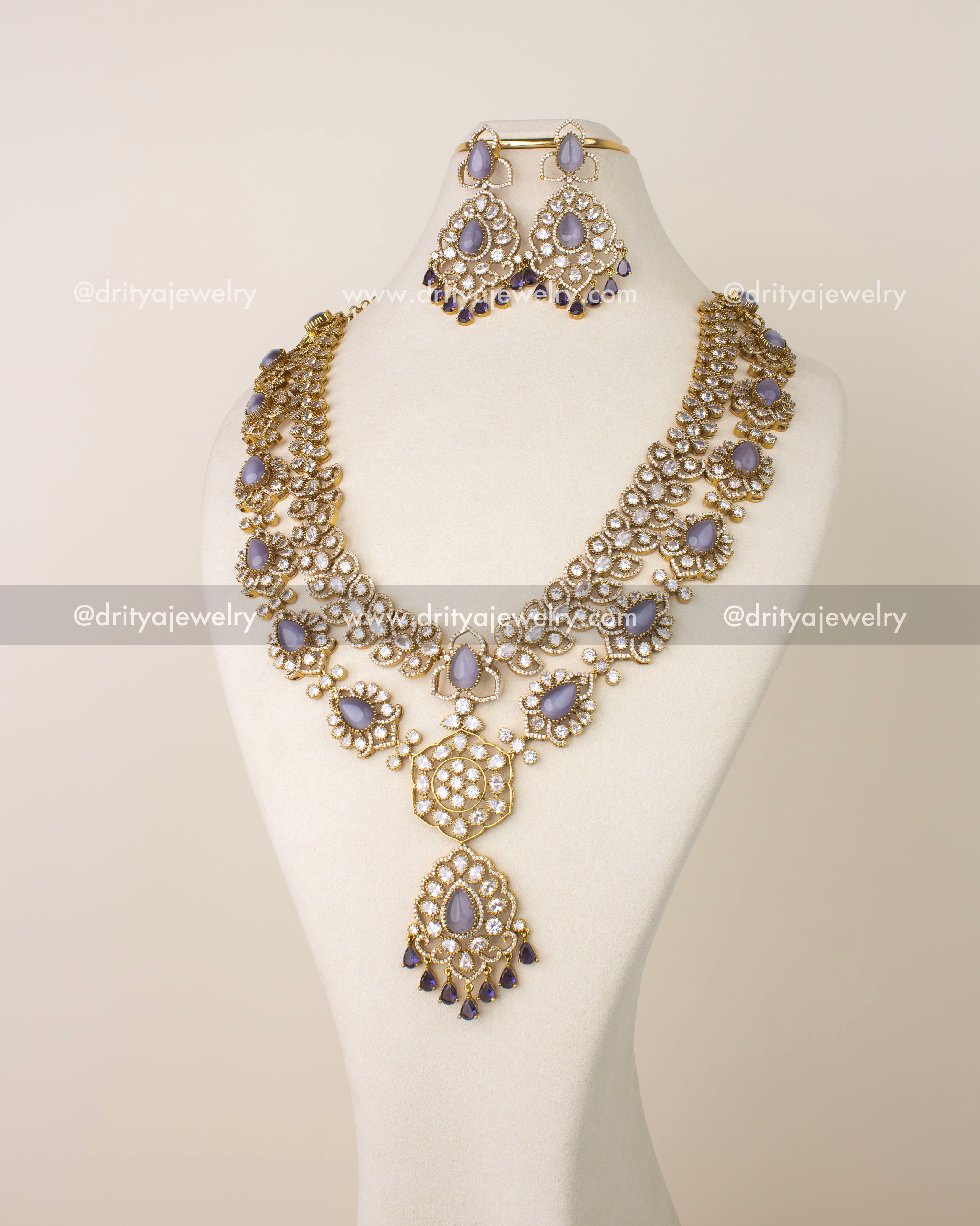 Premium Victorian layered long necklace set in purple with cushion cut stones and CZ detailing