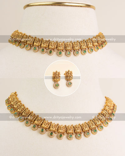 Traditional Temple Choker Necklace with Lakshmi motifs and green stones