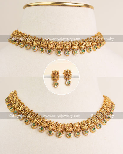 Traditional Temple Choker Necklace with Lakshmi motifs and green stones