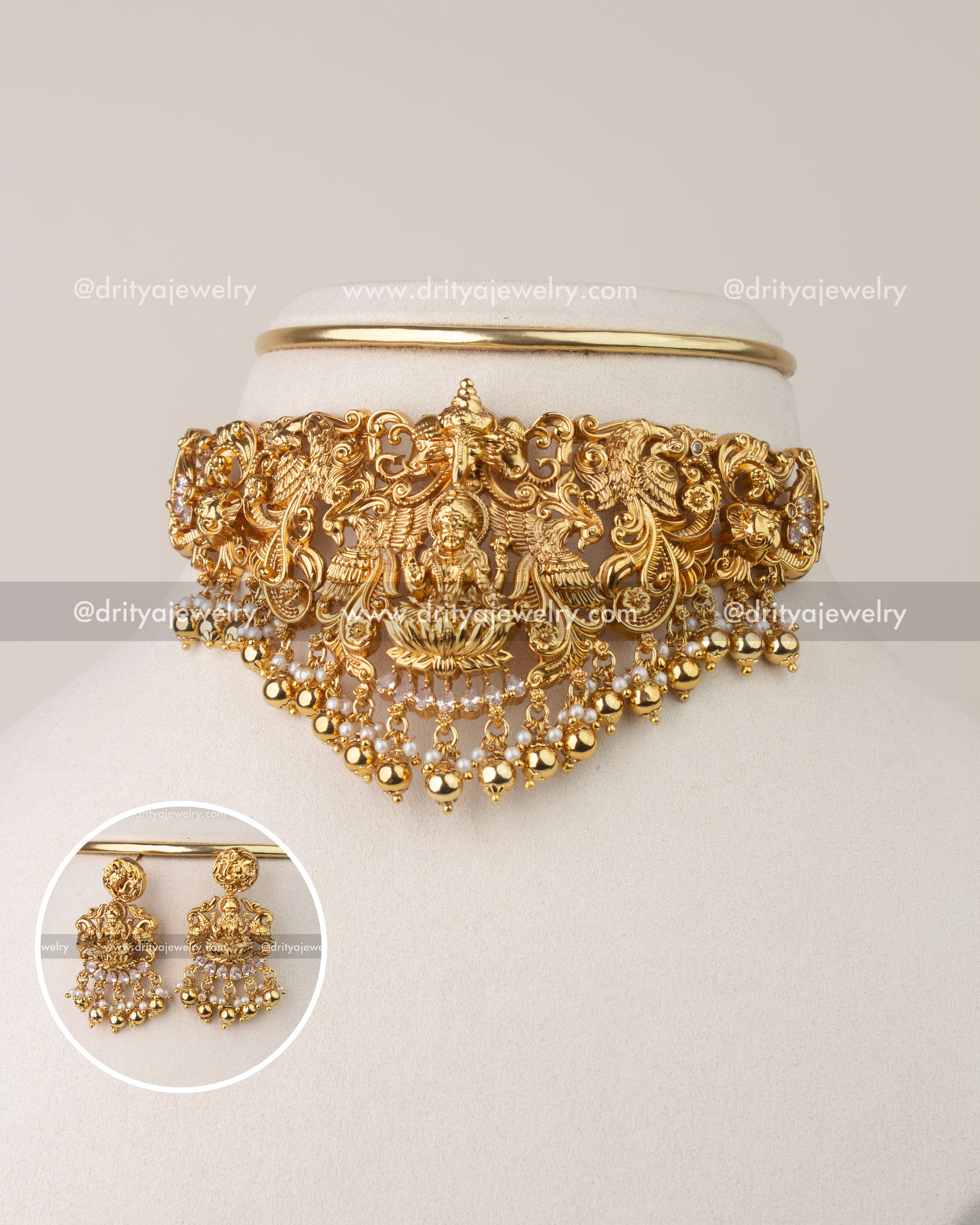 Nakshi temple choker set with Goddess Lakshmi motif and antique gold finish