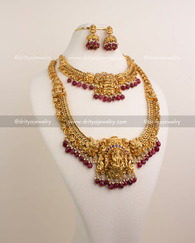 Ruby Red Nakshi Bridal Set with Jalebi Chains and Double Pendants