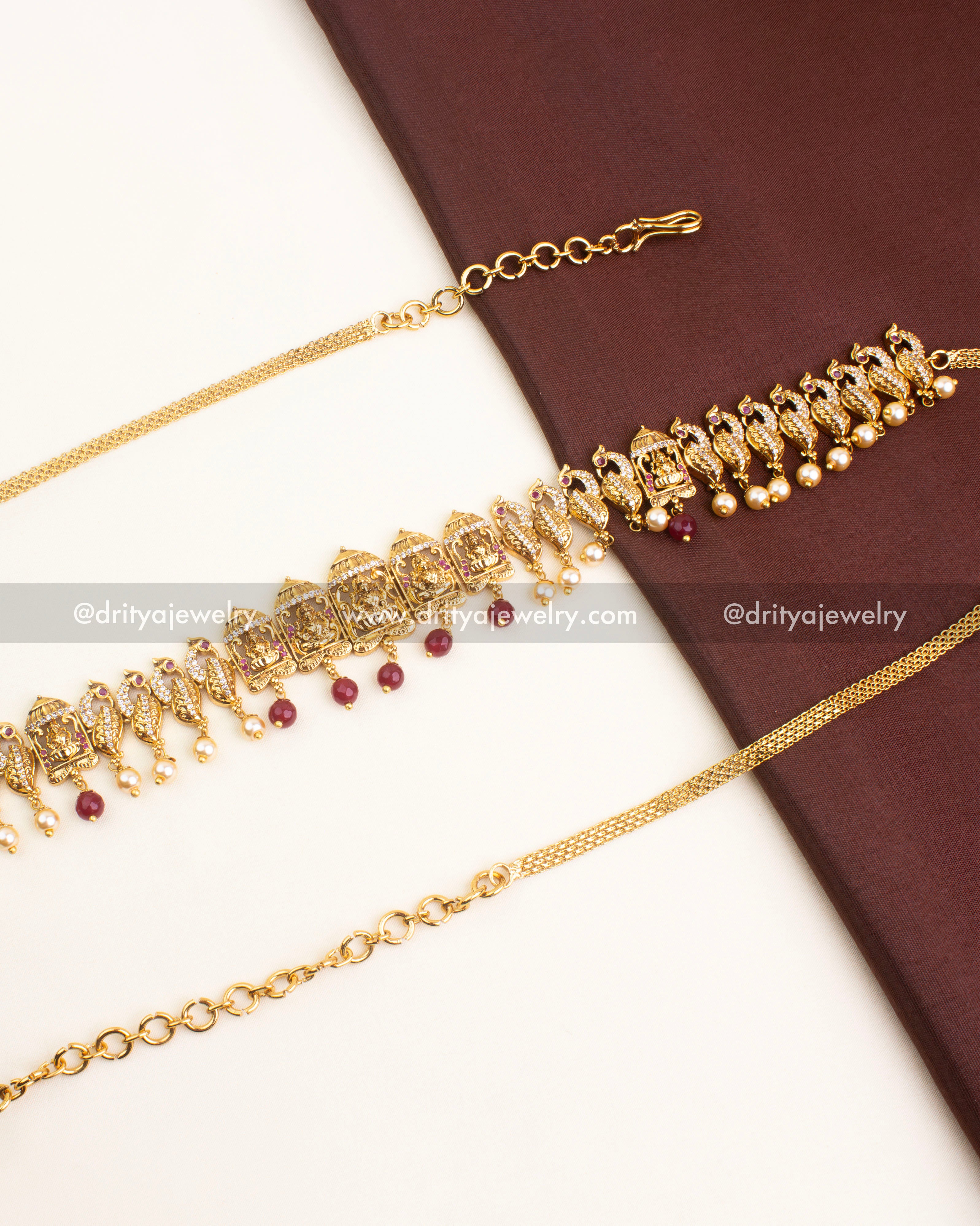 Premium Nakshi Hip Chain in Ruby Red with temple motifs and pearl drops
