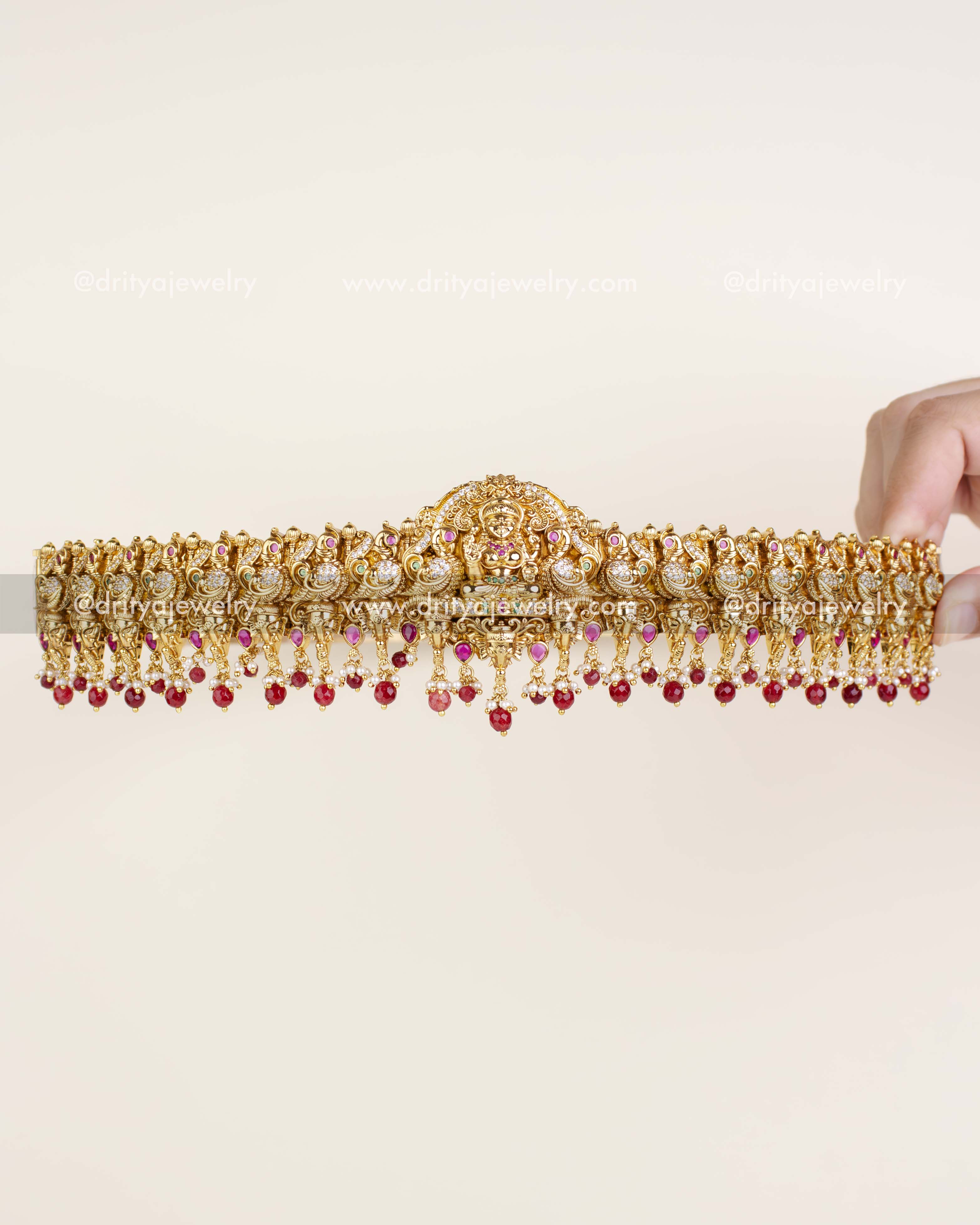 Premium Nakshi Waist Belt with Lakshmi Idol and Ruby Beads – Front View.