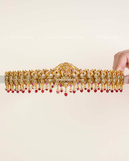 Premium Nakshi Waist Belt with Lakshmi Idol and Ruby Beads – Front View.