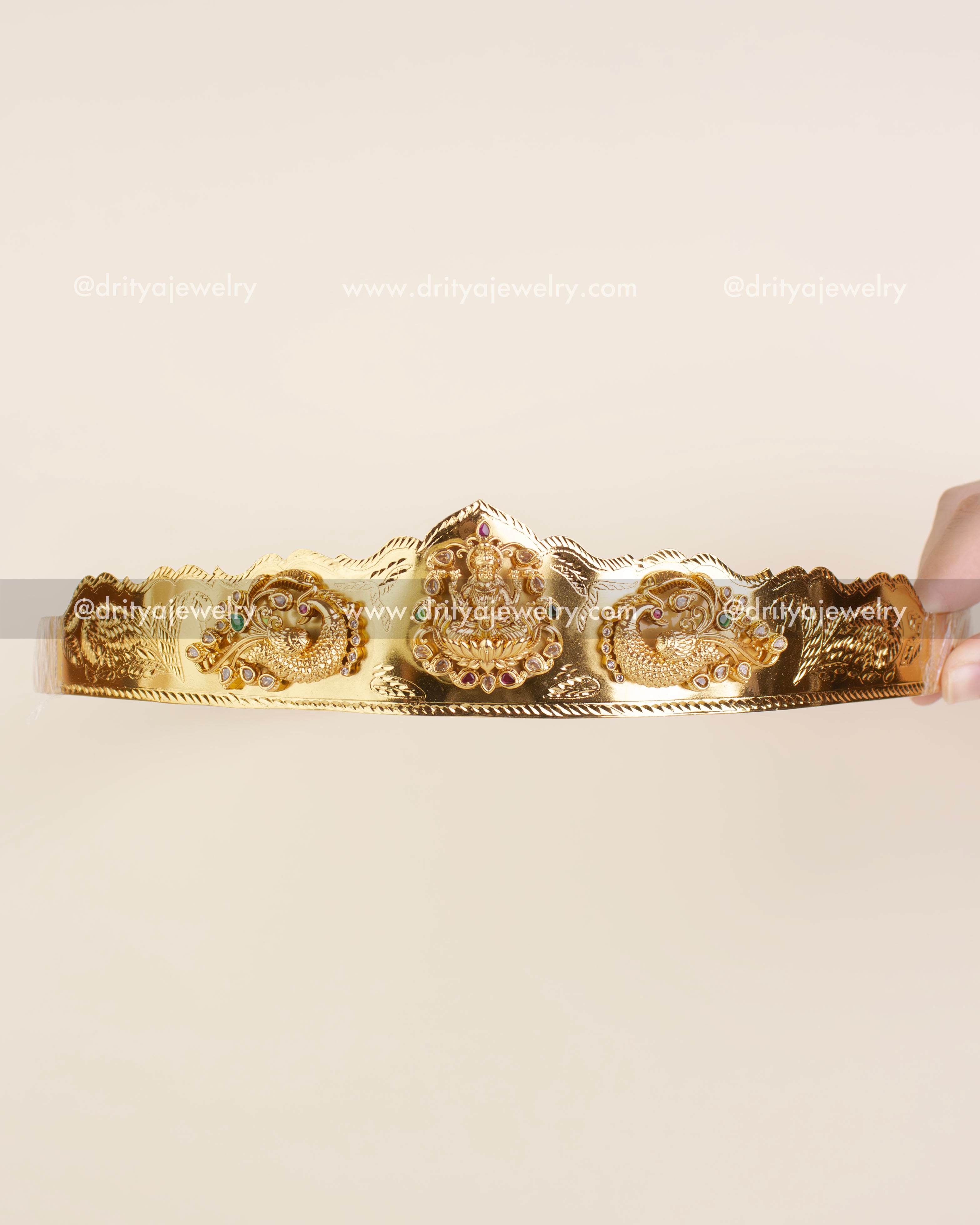 Premium Gold Replica Waist Belt with Lakshmi Devi Motif – Full Front View