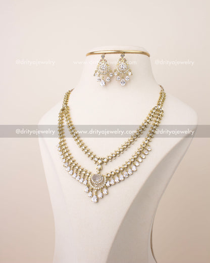 Premium Victorian layered short necklace set with diamond white CZ stones