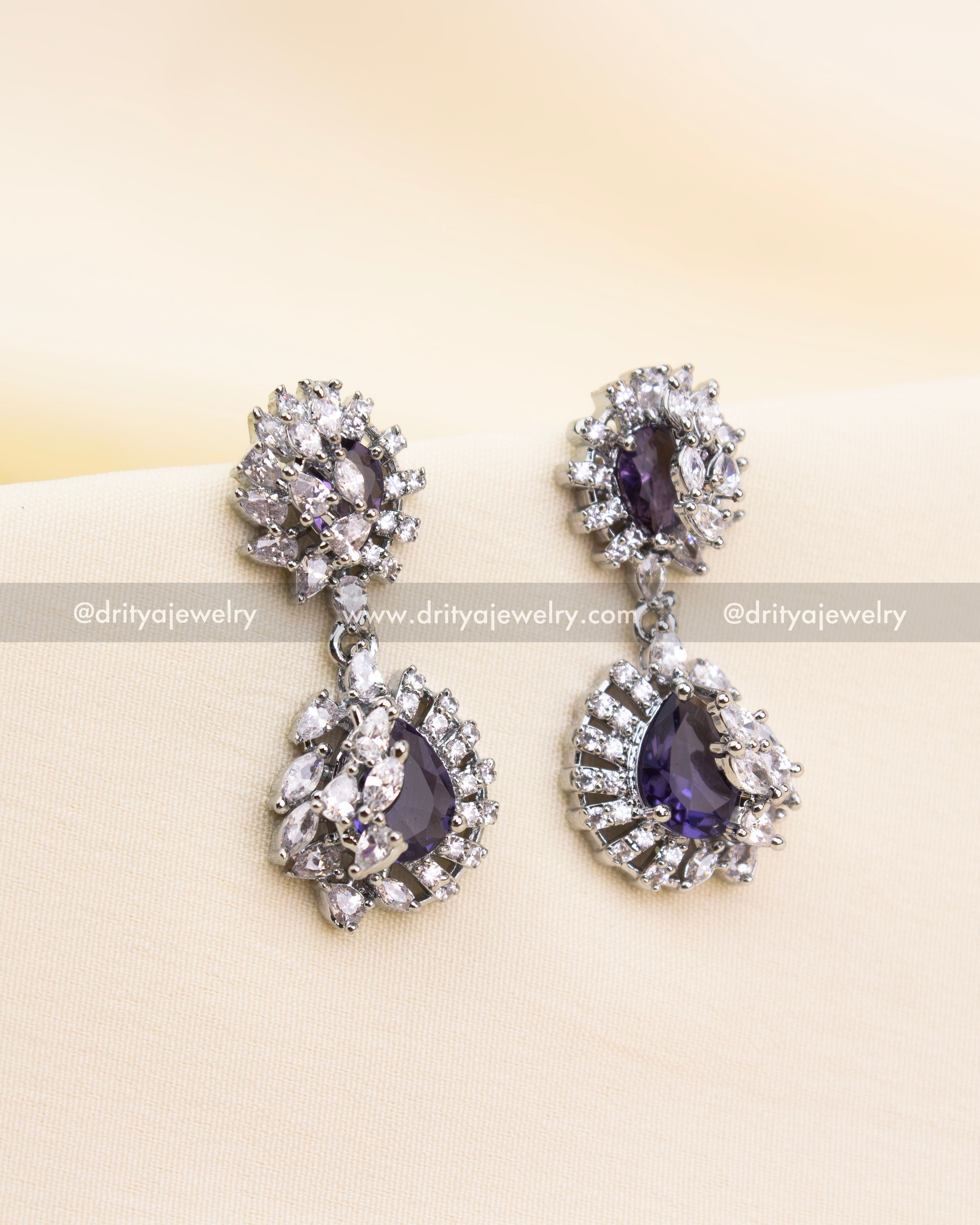 Premium Deep Purple Zircon Short Necklace Set with Rhodium Finish