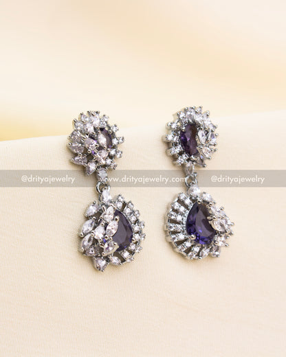 Premium Deep Purple Zircon Short Necklace Set with Rhodium Finish